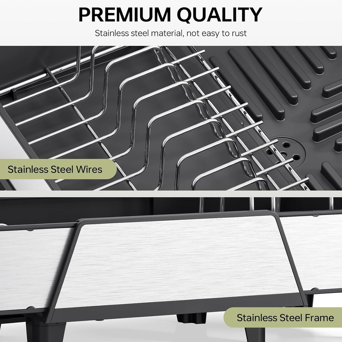 Triple Expandable Dish Drying Rack, Extra Large Dish Rack for Kitchen Counter, Stainless Steel Dish Drying Rack, Foldable Dishes Drainer, Extendable Dish Strainer with Utensil & Pans Holder, Black