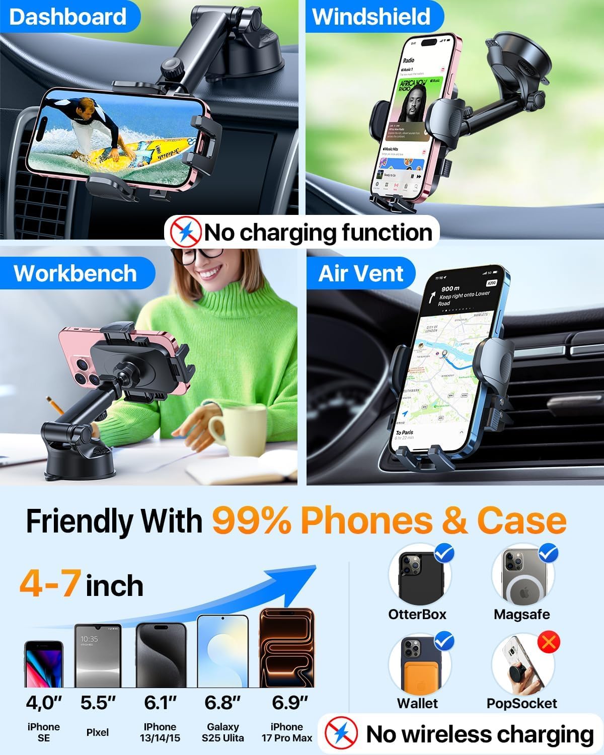 HTU Car Phone Holder【2026 Upgraded 100+LBS Suction & Safety Cert】 Cell Phone Car Mount for Truck Heavy Duty Phone Holder for Dashboard/Windshield/Vent for iPhone 17 16 Pro Max, Dark Black