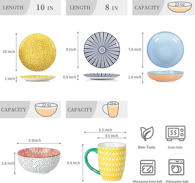 Selamica 30-Pieces Ceramic Dinnerware Sets for 6, Scratch Resistant Plates and Bowls Sets, Microwave and Dishwasher Safe, Assorted Colors A