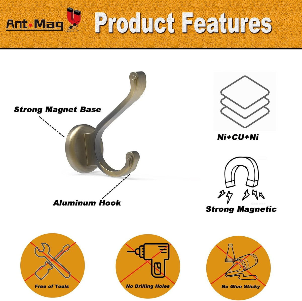 Ant Mag Magnetic Hooks Heavy Duty 141lbs Neodymium Magnet Metal Wall Hooks for Hanging Coats Robes Backpacks Bags Hats Keys Mugs Cups Towels Bronze