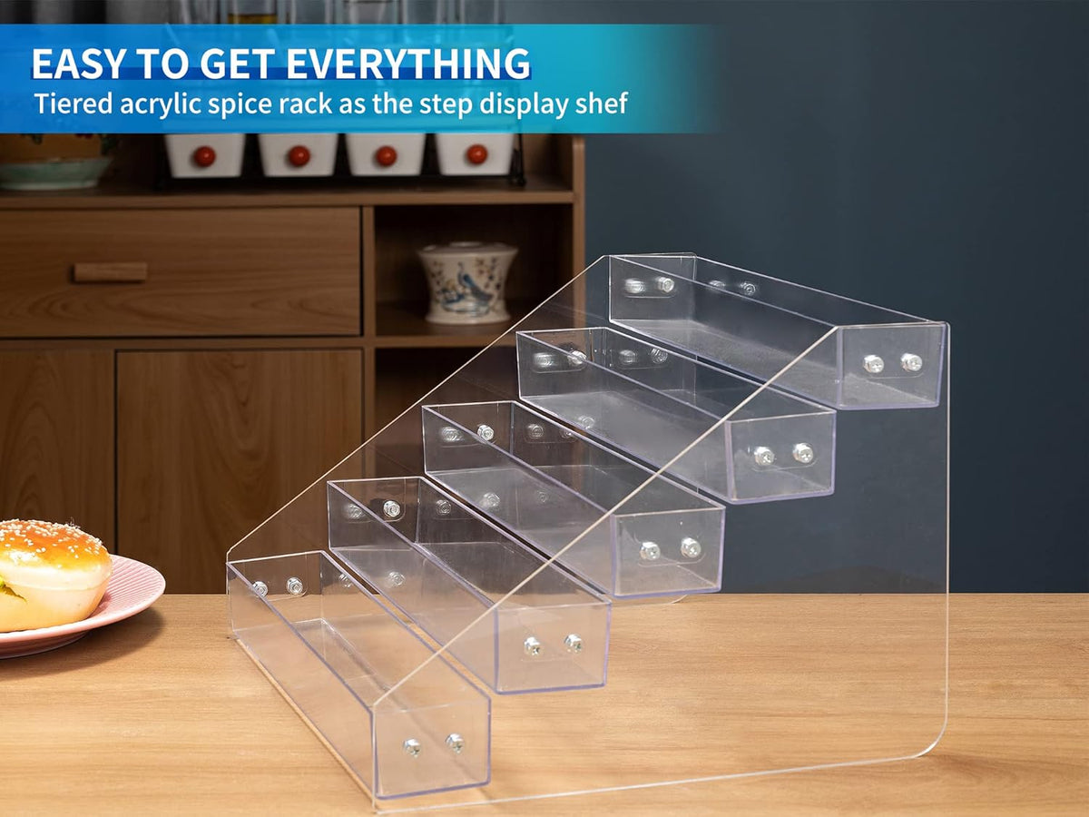 Tiered Spice Rack Acrylic, Spice Rack Shelf Seasoning Organizer for Countertop, Cabinet, Pantry, Kitchen Storage - 5 Tier