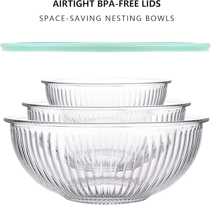 Luvan Glass Mixing Bowls with Lids Set(3.7QT, 2.1QT, 1.1QT),3PC Glass Nesting Bowl, Large Salad Bowls Sets with lids,Clear Cooking Bowl for Kitchen Prep,Food Storage,Baking,Microwave and Oven Safe