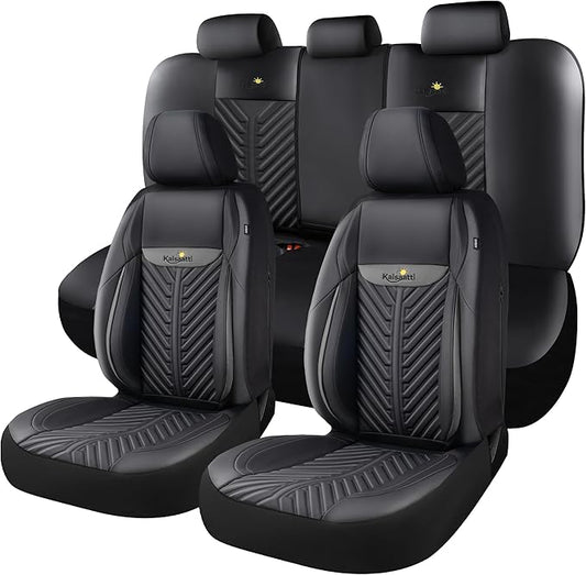PU Leather Car Seat Covers Full Set – Waterproof seat Cover for Cars，3D Foam Support Automotive seat Covers ，Airbag Compatible, Universal Fit for Cars SUVs Trucks Sedans（Black/Grey）