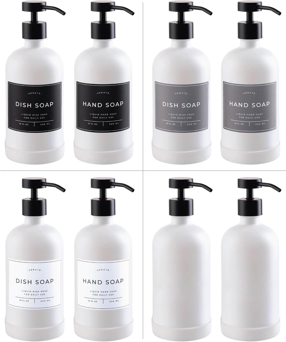 16oz Glass Soap Dispenser with Stainless Steel Pump, 21 Waterproof Labels, Non-Slip Protective Silicone Pad, Set of 2 for Bathroom & Kitchen (Matte White Bottle/Black Pump)
