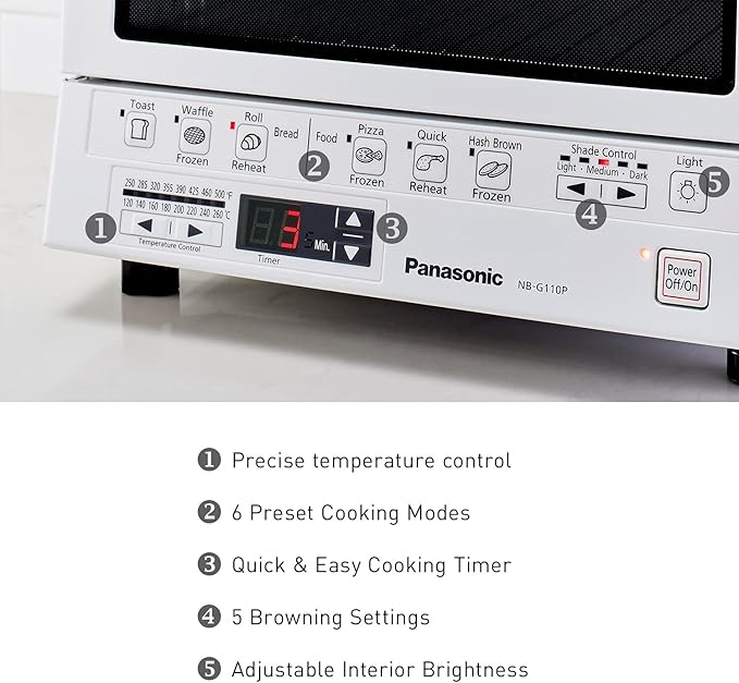 Panasonic FlashXpress Toaster Oven Countertop, 4-Slice Compact Size with Double Infrared Heating, 6 Auto Cook Options and Precise Temperature Control, 1300W - NB-G110P-W (White)
