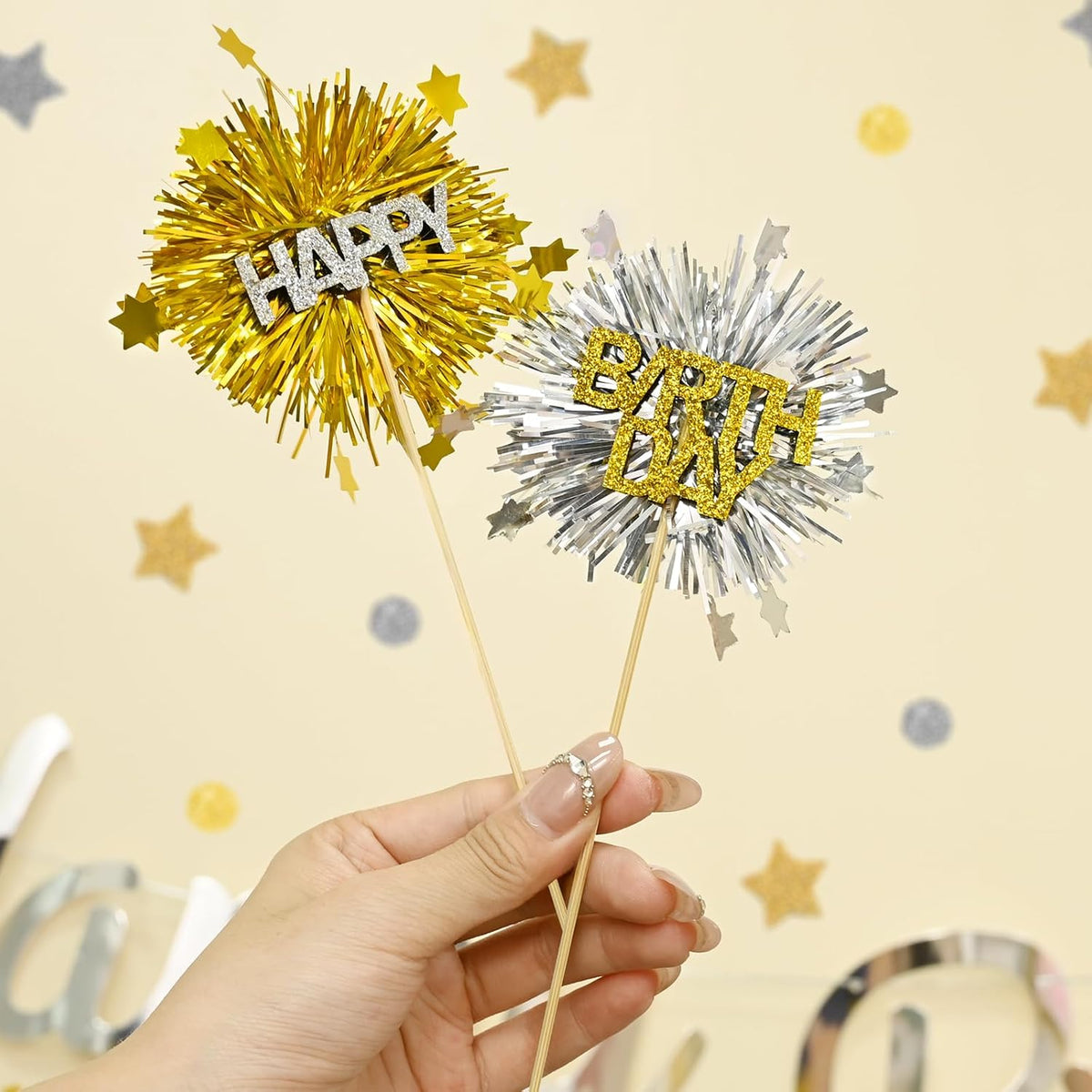 LOLStar 12 PCS Happy Birthday Cake Toppers, Gold and Silver Foil Cupcake Toppers, Glitter Tinsel Cupcake Decor, Food Picks Drink Stirrers Cocktail Toothpicks for Celebrating Party Supplies