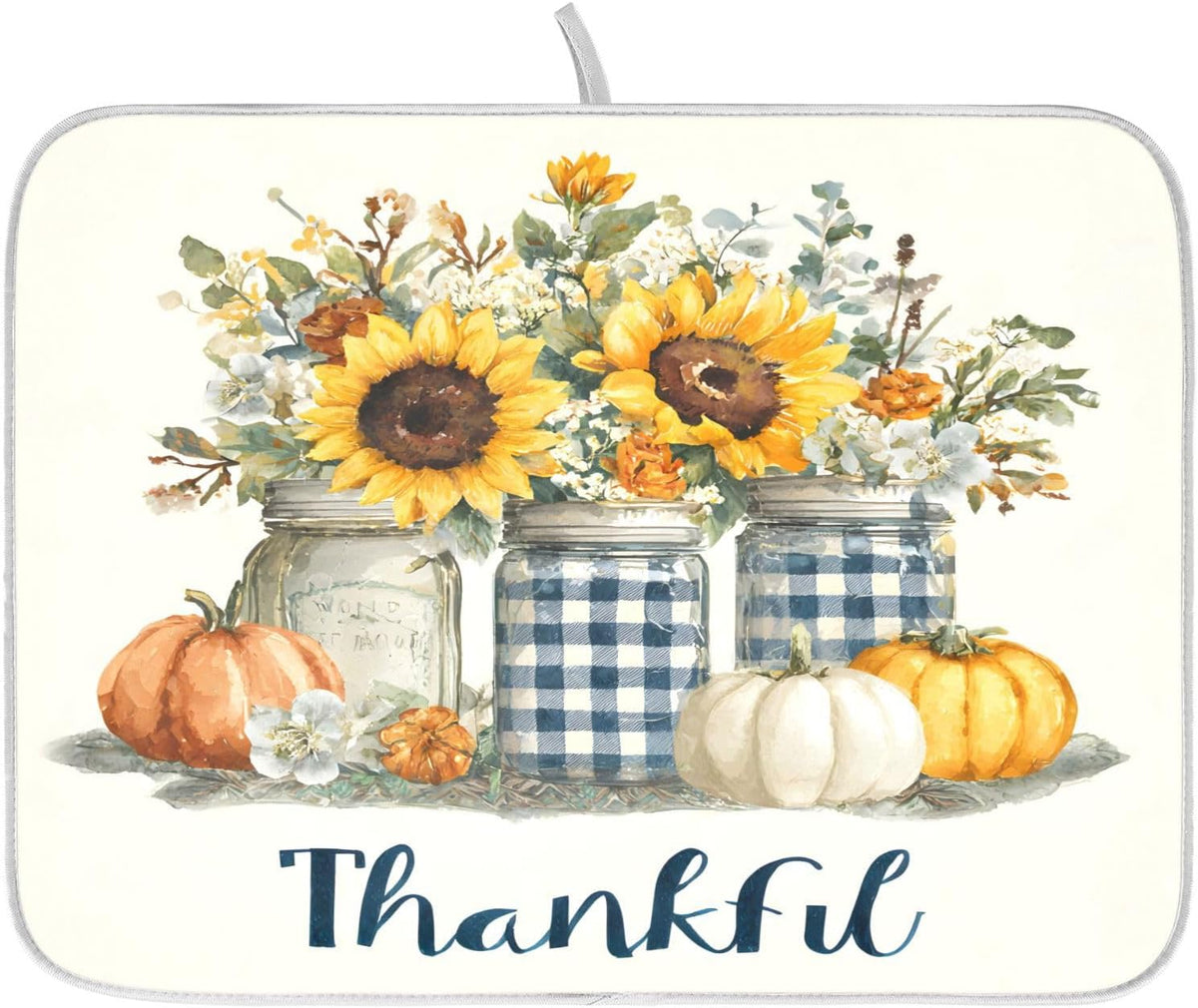 Autumn Pumpkin and Sunflower Floral Vase Dish Drying Mat for Kitchen Counter Absorbent Microfiber Small Drying Pad Dish mats for Kitchen Countertops 16 x 18 Inch