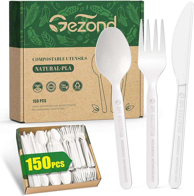 Gezond 150 Count 100% Compostable Cutlery Set, Forks Spoons Knives PLA Disposable Cutlery Set, No Plastic Biodegradable Eco-Friendly Utensils Suitable for Party Picnic Office Everyday Use