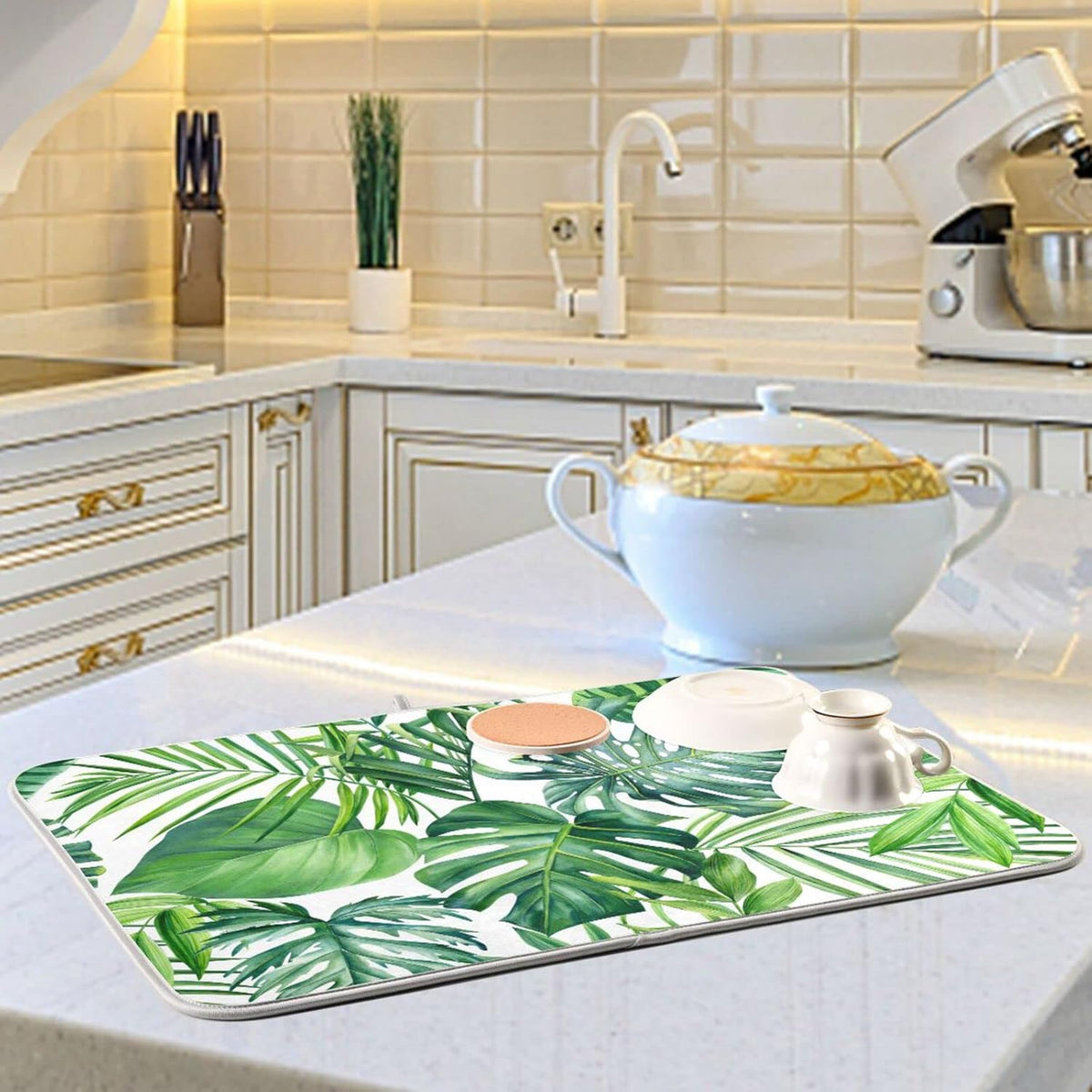 Tropical Palm Leaves Dish Drying Mat for Kitchen Counter Green Monstera Leaf Absorbent Microfiber Drying Pad, Large 18x24 in, Reversible Drainer Mats