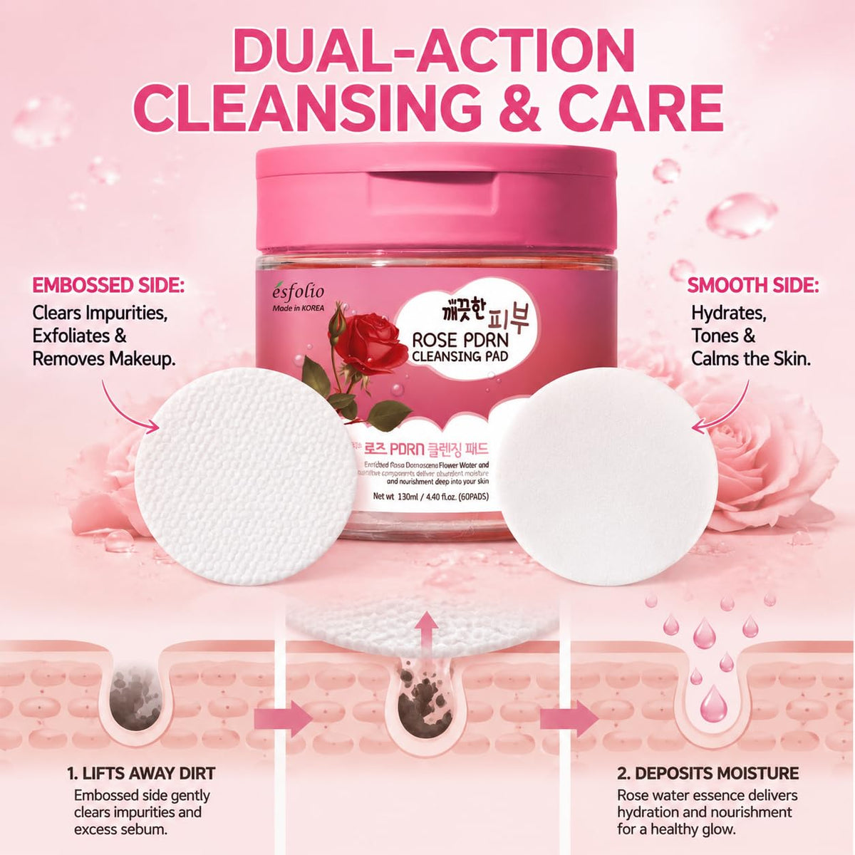 Esfolio made in Korea PDRN Rose Cleansing Pad Gentle Daily Facial Pads with Rice Extract for Skin Clarity and Softness Easy One-Step Cleanser for Radiant Complexion Korean Skincare 60 Count