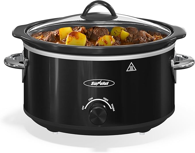 4QT Slow Cooker & Mini Food Warmer with Removable Ceramic Pot, 3 Heating Settings, Dishwasher Safe Glass Lid, Stainless Steel,Black