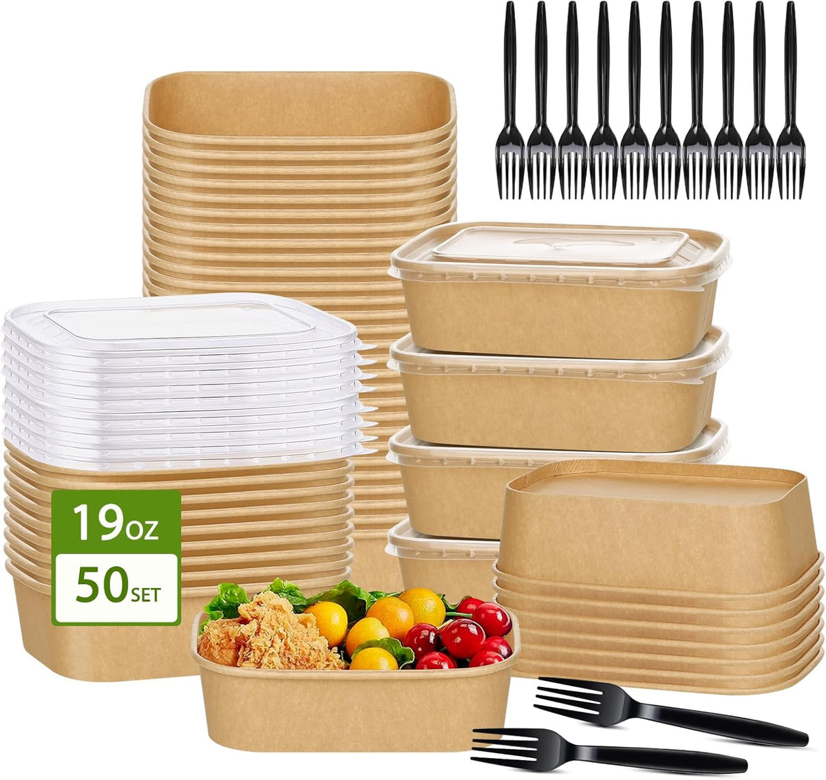 50-Pack 19oz Disposable Kraft Paper Bowls with Lids and Forks, Disposable Meal Prep Containers Bowls Disposable Food Prep Container with Lids, Freezer and Microwave Safe for Hot Soup Cold Food Takeout