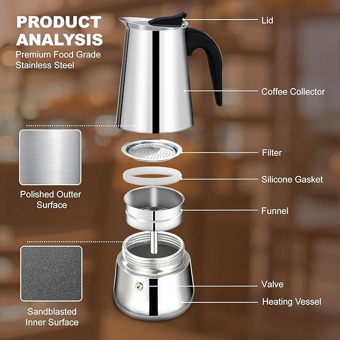 9 Cup Stovetop Espresso Maker Stainless Steel Moka Pot Stove Top Percolator Italian Coffee Makers Capable Mocha Greca Machine Cafe Classic Induction Cookers for Home and Camping 450ml 15oz