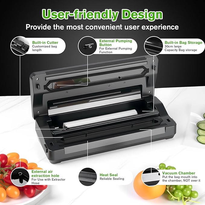 120W Power Vacuum Sealer for Food, Food Sealer Machine with 5 Molds include Dry, Moist, Pulse, Seal, Canister, Accessory, Built in Cutter & Vacuum Bags Storage, with 1 Bag Rolls