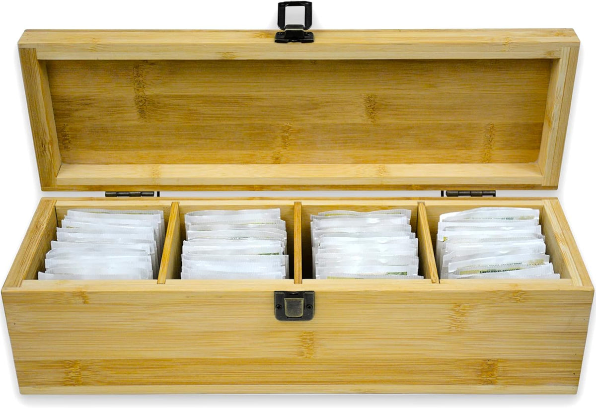 Bamboo Tea Organizer Box Chemical Free Eco-Friendly Big, Tall, Adjustable Cubbies Natural Wooden Storage Chest (4-Slot Across 14.3"x 4.4" x 4.2")