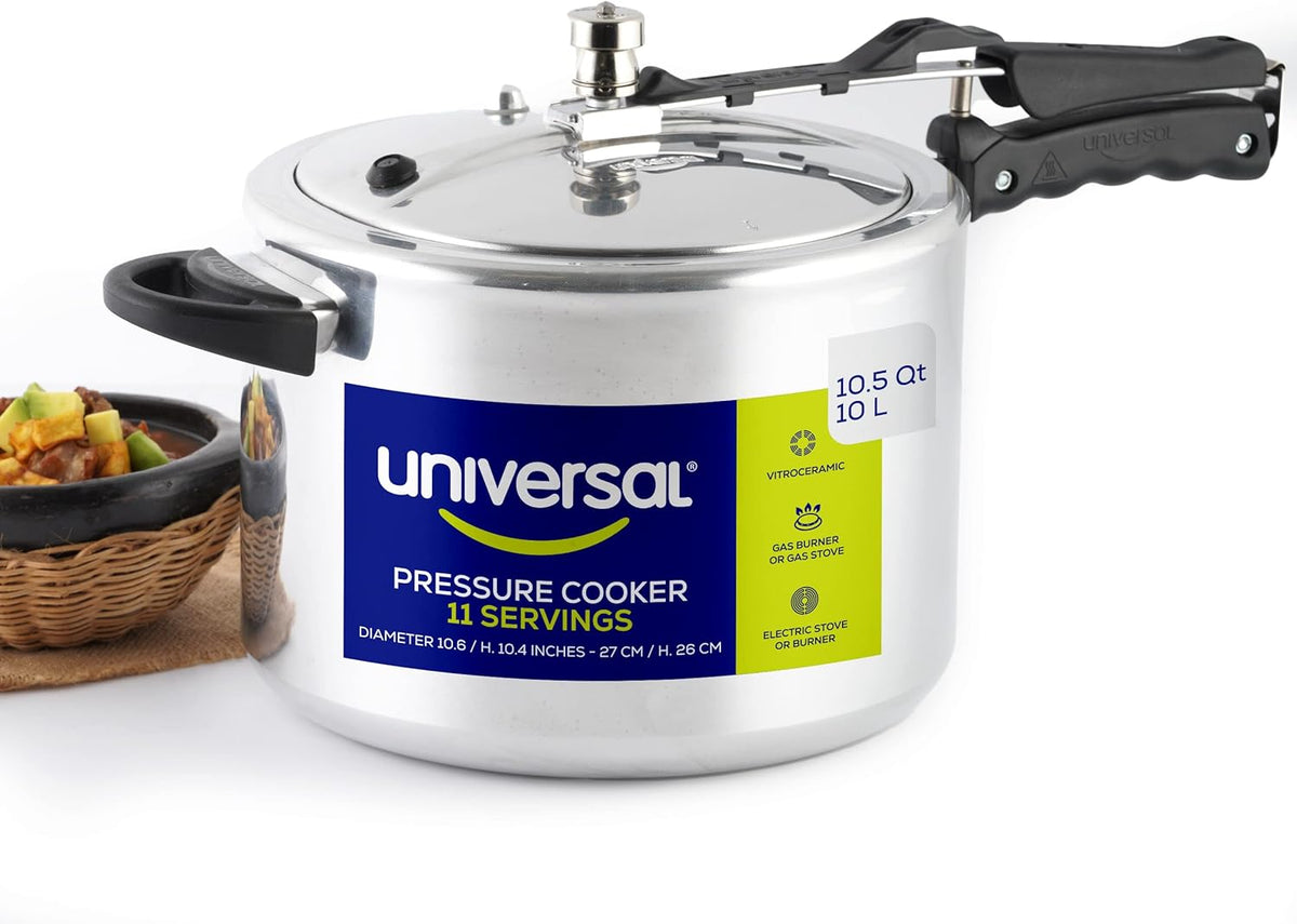 Universal (10.5 Quart / 10 Liter) Pressure Cooker, 11 Servings, Aluminum Pressure Cooker With Multiple Safety Systems and Heat Resistant Handles For Stews, Soup, Meat, and Beans