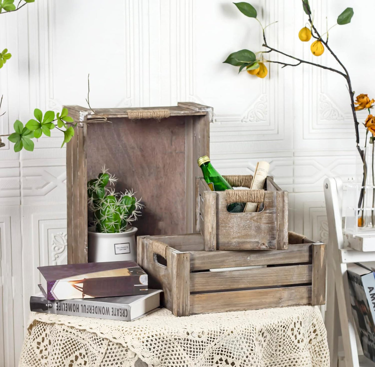 TIMRIS Set of 3 Rustic Wood Nesting Crates, Farmhouse Wooden Storage Container Boxes with Cutout Handles, Decorative Wooden Baskets for Display (Rustic Gray)