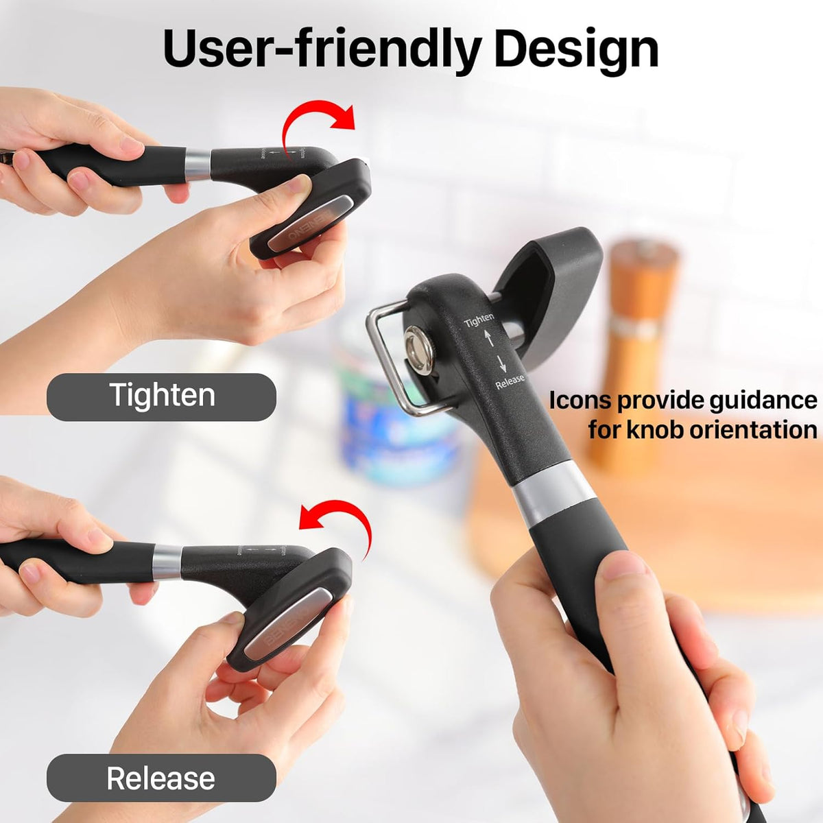 Beneno Can Opener, Manual Side Safe Cut Can Opener Smooth Edge with Durable Sharp Blade, Effort-Saving Knob & Comfortable Non-slip Handle, Black