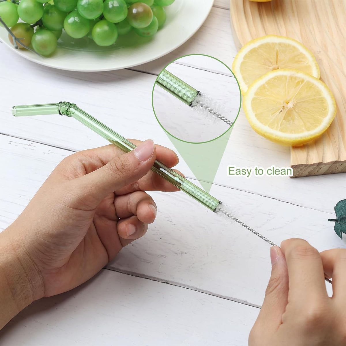 Curved Stained Glass Straws with Designs, 6-Pack Reusable, Approximately 9 Inches Long, 8MM Diameter, Shatterproof and Heat-Resistant, Includes 2 Cleaning Brushes.