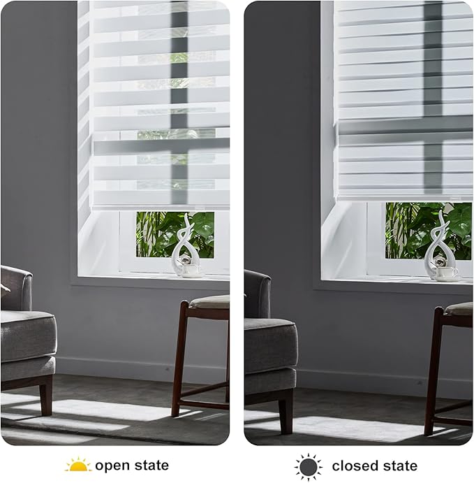 Persilux Cordless Zebra Blinds for Windows Free-Stop Window Shades (33" W X 64" H, White) Dual Layer Light Control for Day and Night, Light Filtering Sheer Shades for Home, Bedroom, Easy to Install