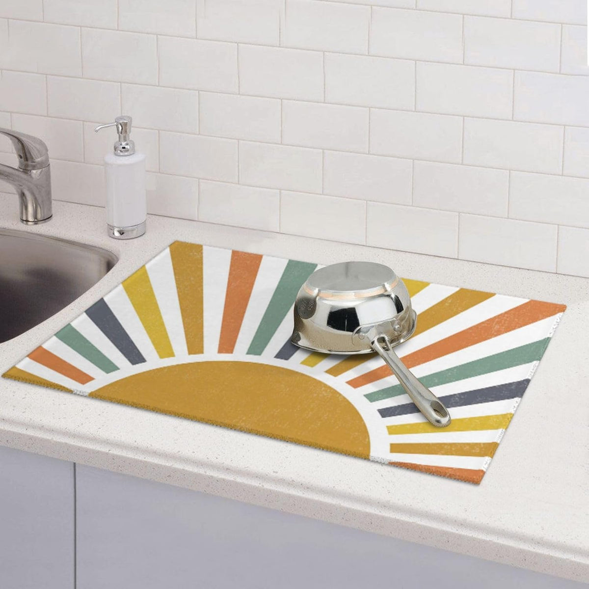 Sunshine Dish Drying Mat 18x24 for Kitchen Counter, Stripes Yellow Sun Decorative Absorbent Coffee Mat Dish Drying Pad Coffee Bar Dish Drainer Rack Mat Drainer Mat