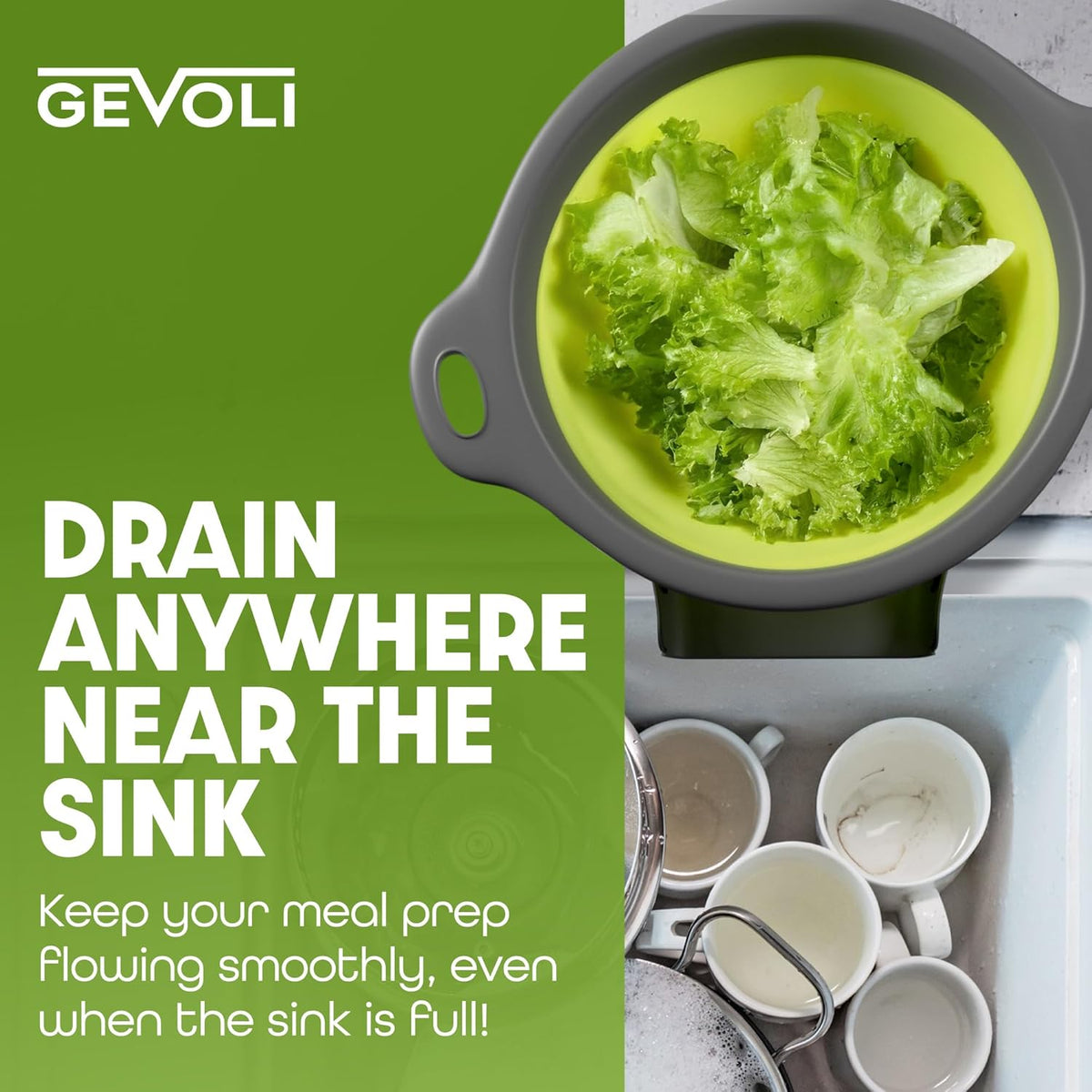 Large Collapsible Colander with Self Draining Base - 5Qt Side Drain Food Strainer for Edge of Kitchen Sink, Green (2 Piece Set)