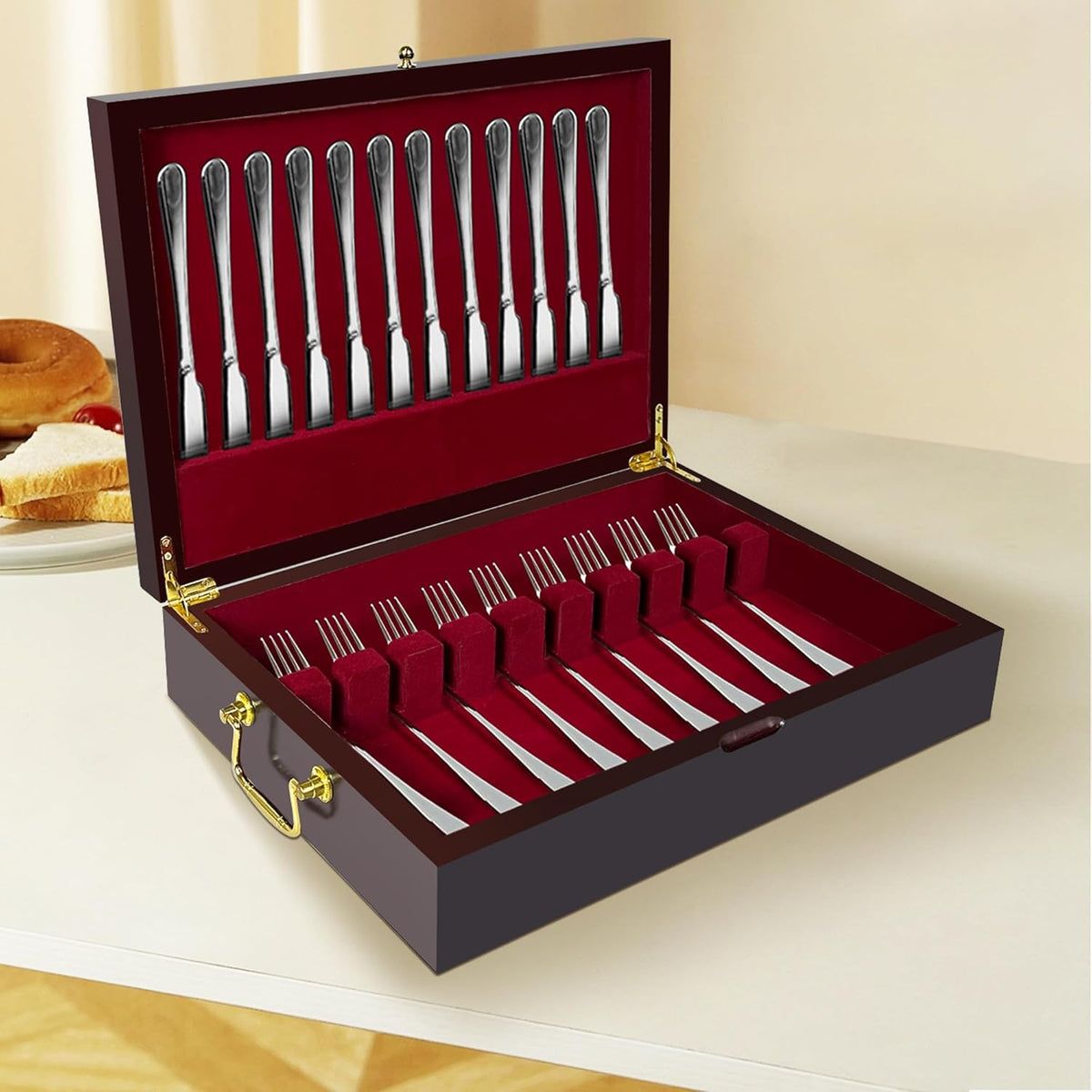 Silverware Storage Box Solid Wood with Lid, Silverware Organizer with Handle and Felt Lined, Silverware Storage Chest for Flatware and Utensils Home Decor Gift, Chest for Flatware Setting Up 15