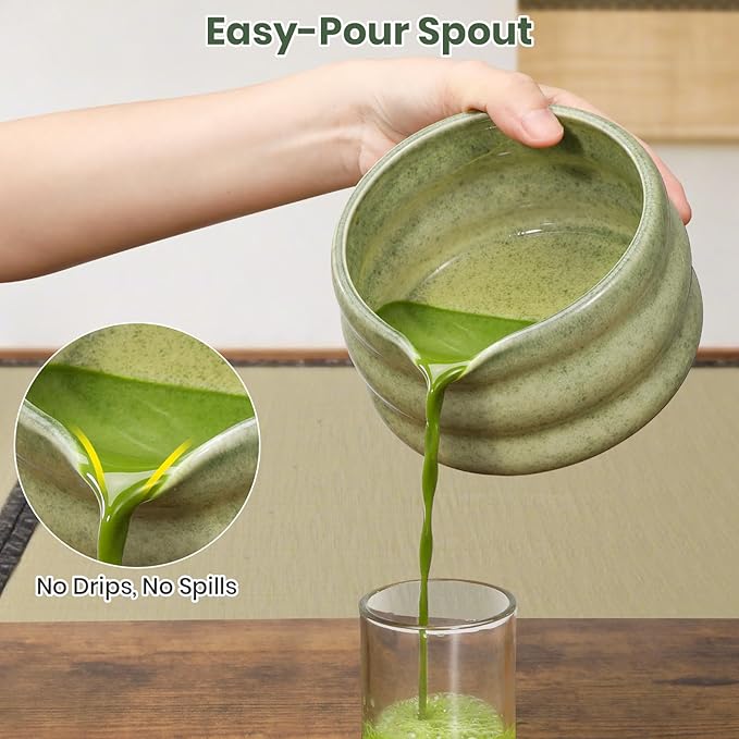 Matcha Whisk Set 7pcs, Japanese Macha Making Kit - 17oz Bowl with Spout, Bamboo Whisk, Chasen Holder, Scoop, Scoop Rest, Stainless Steel Sifter & Towel, Tea Gift Tools for Starter & Enthusiasts, Green
