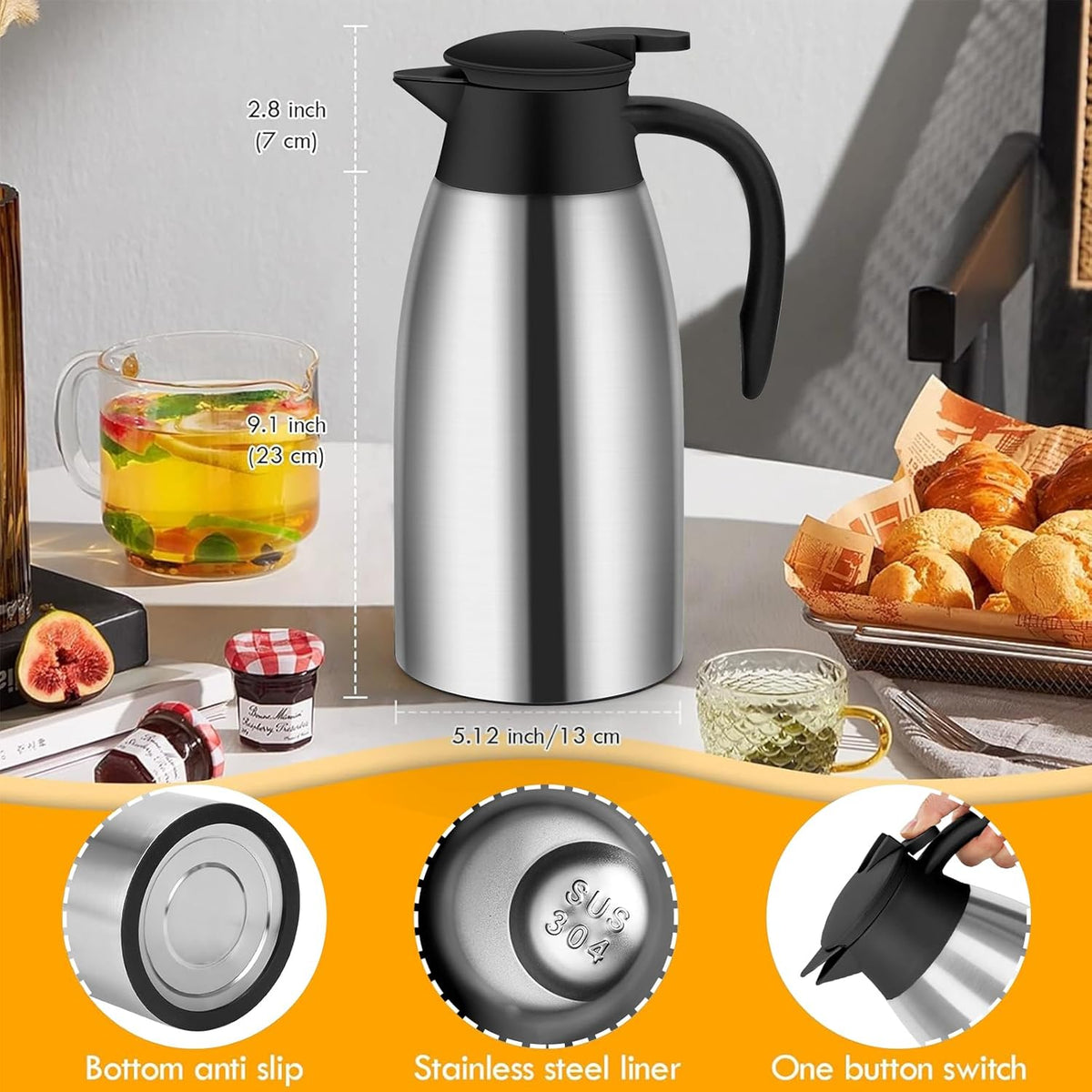 70oz Thermal Coffee Carafe Insulated Coffee Thermos,Stainless Steel Thermos Pitcher,Double Walled Vacuum Insulation Coffee Carafes For Keeping Hot,Tea Water Hot Beverage Dispenser