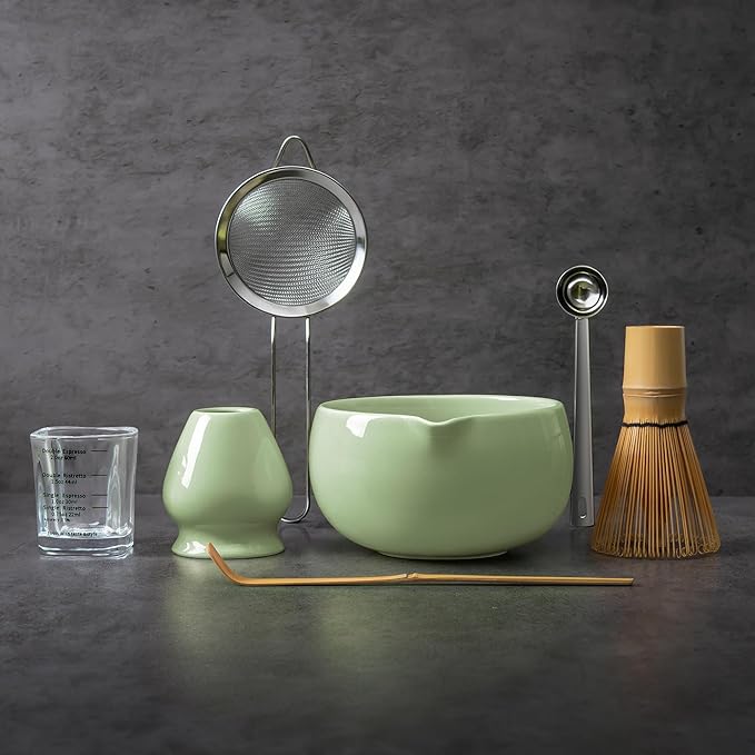 YIBO Matcha Whisk Set, Matcha Kit Bamboo Whisk and Ceramic Bowl with Spout & Measuring Spoon & Cup, Japanese Ceremony Matcha Tea Making Tools Green