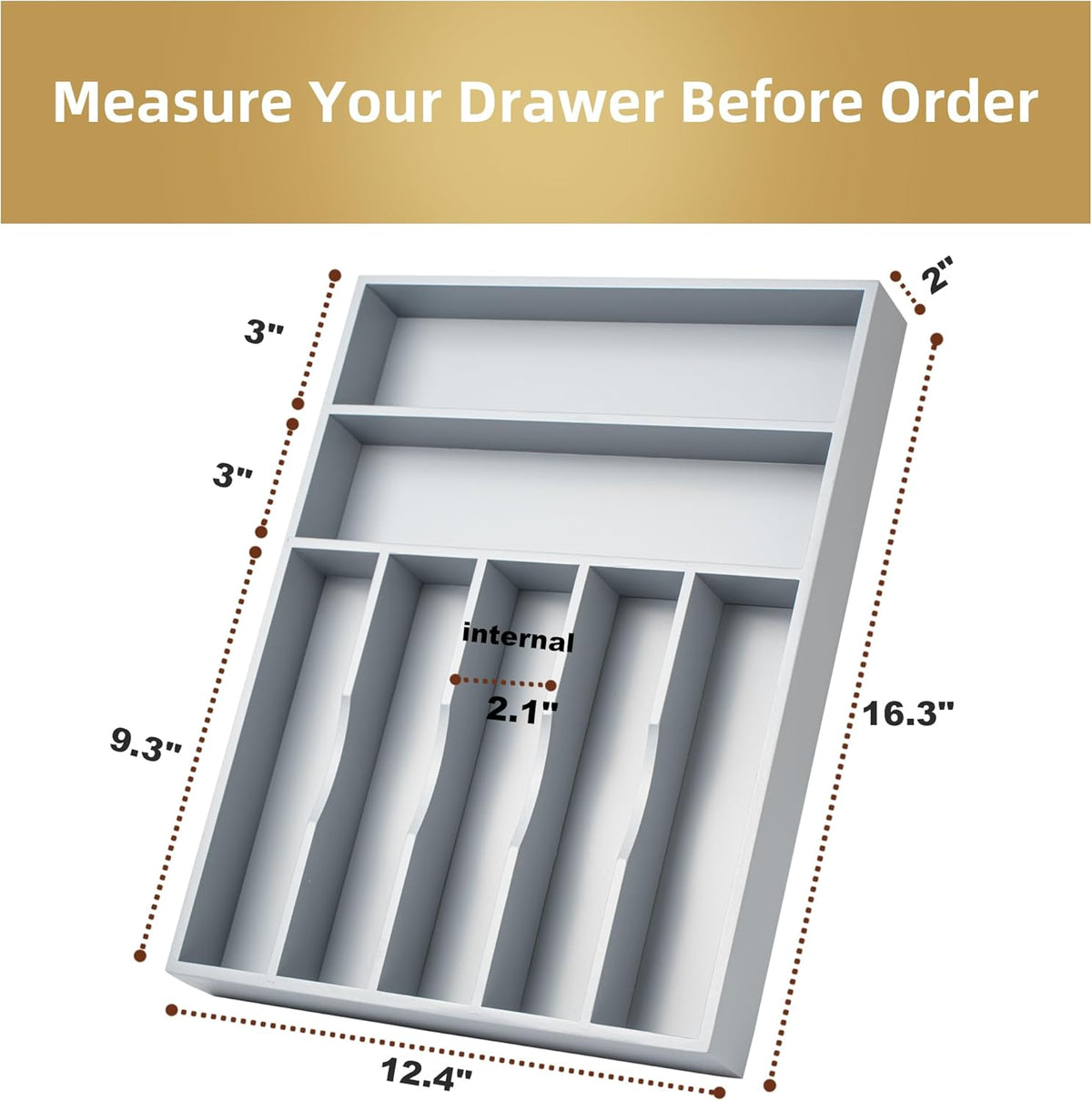 Silverware Organizer 13 Inch Gray Bamboo Kitchen Drawer Organizer 7 Slots Utensil Organizer Silverware Holder Cutlery Organizer Flatware Tray (Large)