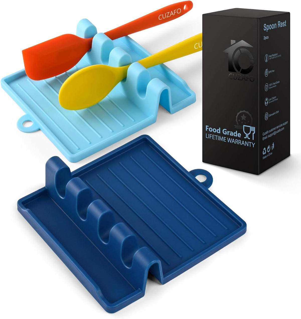 2-PACK 600°F Heat Resistant Silicone Spoon Rest, Multiple Utensil Rest, BPA Free Easy to Clean Dishwasher Safe, Blue (Deep+Light)