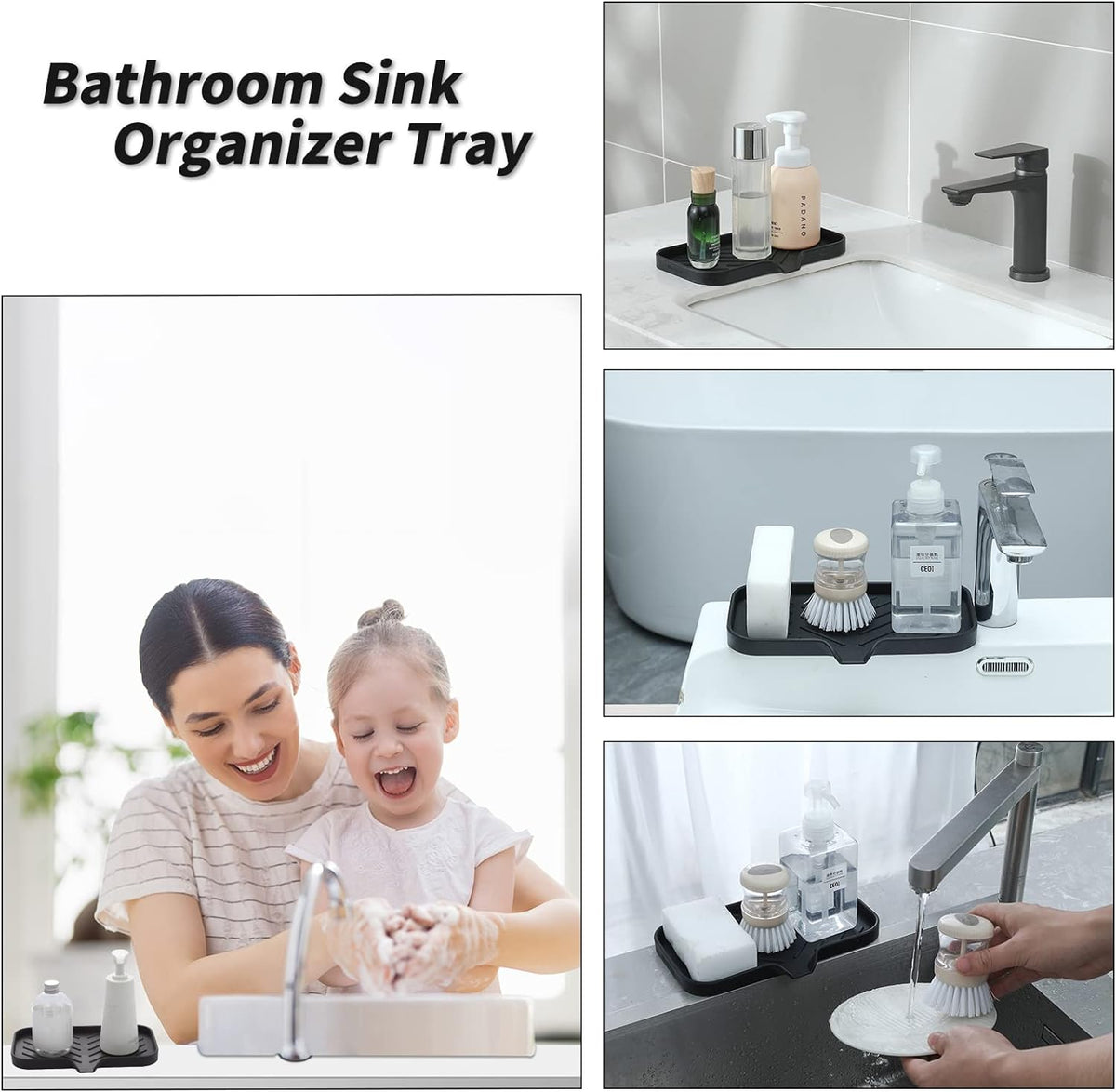 Silicone Bathroom Soap Dishes with Drain Spout-Bathroom and Kitchen Sink Organizer,Sponge Holder,Dish Soap Tray,Perfect for Dispenser,Scrubber,Bottle,Cup on Sink or Counter-Black 9.6"×5.3"