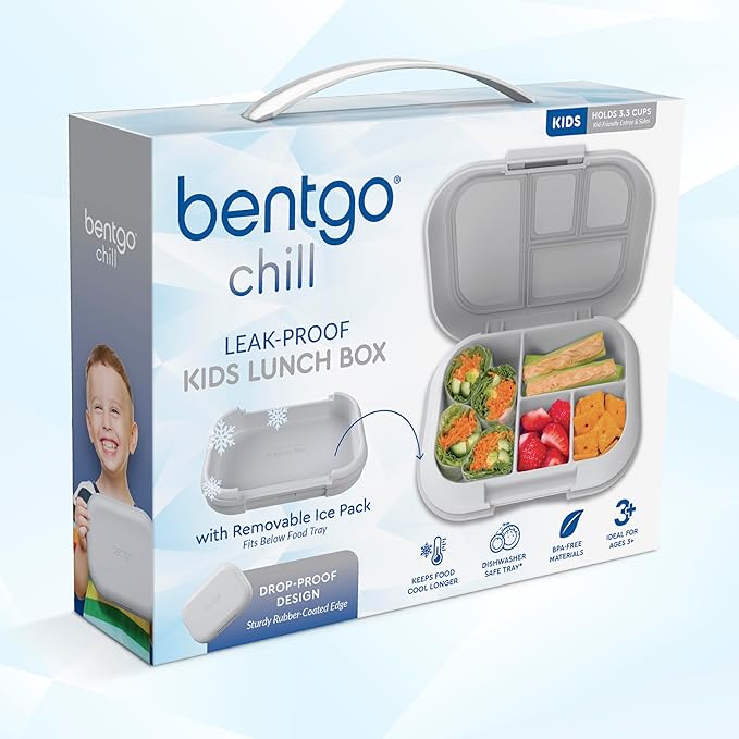 Bentgo Chill Kids Leak-Proof Lunch Box - 4-Compartment Bento Box with Built-In Ice Pack, 3.3 Cup Capacity, PFAS & BPA-Free, Microwave & Dishwasher Safe, Ideal Size for Ages 3 to 7 (Gray)