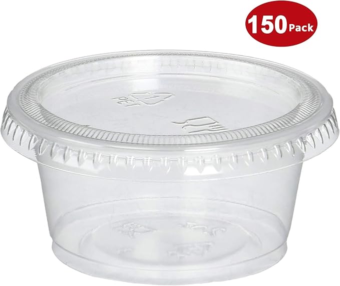 DuraHome Plastic Portion Cups with Lids 2 oz. Pack of 150 Leakproof Jello Shot Cup Mini Containers for Salad Dressing Sauce Condiment Snack Souffle and Salsa, Disposable