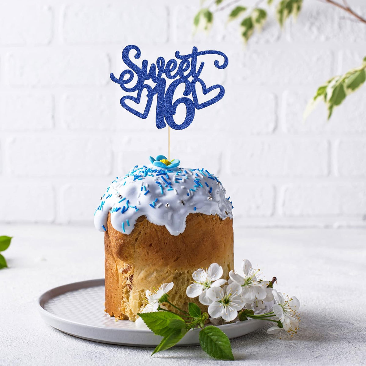 Gyufise 1Pc Sweet Teenager 16 Cake Topper Glitter 16th Birthday Cake Pick for Cheers to 16 Years Old 16th Birthday Party Cake Decorations Supplies Blue