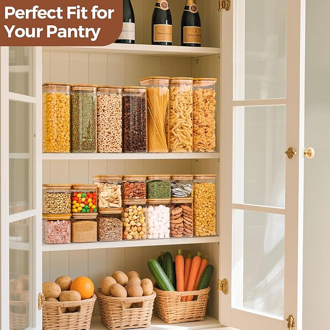 ComSaf 0.7 Qt Glass Food Storage Jars Set of 9, Clear Glass Storage Containers with Lids, Pantry Organization Jar, Spice, Blooming Tea, Oat, Coffee and Sugar Container, Small Canister Set for Kitchen