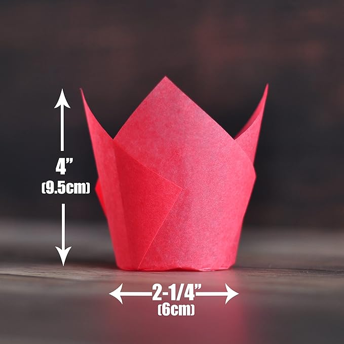 Red colour Large size Tulip Baking Cups 2-1/4"(Base diameter) x 4"(Wall height) Greaseproof paper baking cupcake Muffin liners, Case of 130 pcs