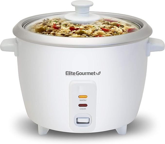 Elite Gourmet ERC-003 Electric Rice Cooker with Automatic Keep Warm Makes Soups, Stews, Grains, Hot Cereals, White, 6 Cups Cooked (3 Cups Uncooked)