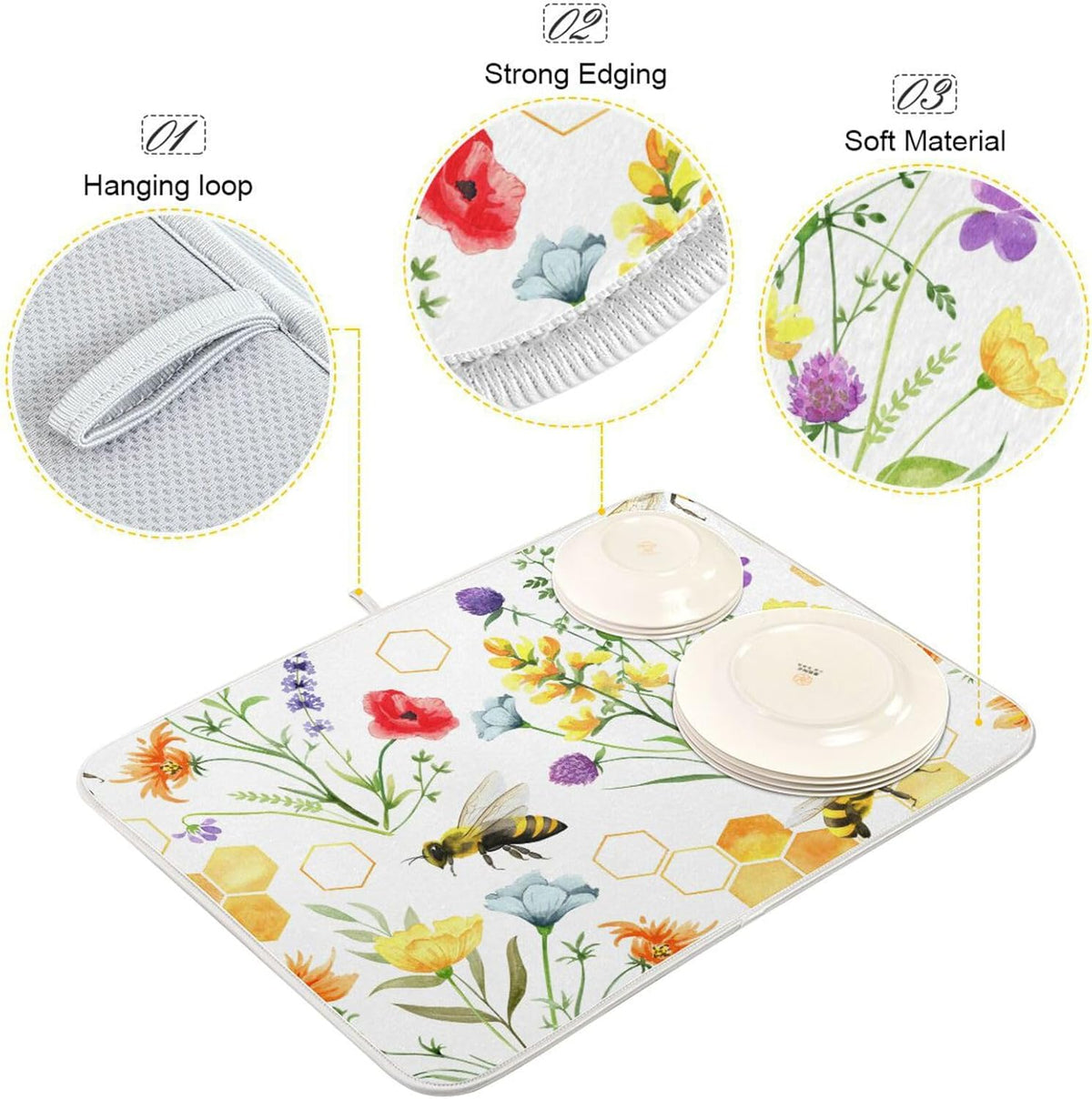 Wildflowers and Bees Dish Drying Mat for Kitchen Counter Absorbent Microfiber Drying Pad, Medium 16x18 in, Reversible Drainer Mats