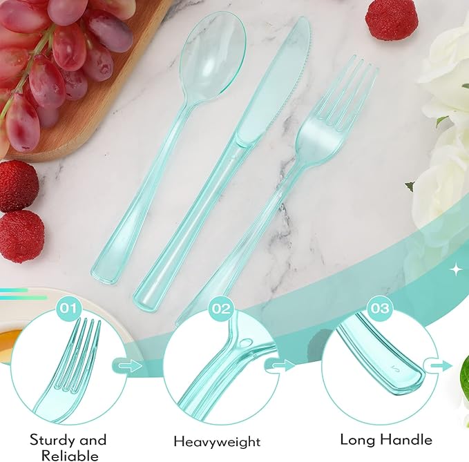 Minatee 150 Pieces Disposable Cutlery Set Plastic Silverware Heavy Duty Utensil Sets 50 Forks 50 Knives 50 Spoons for Home Office School Party Picnics Restaurant Outdoor Events(Light Green)