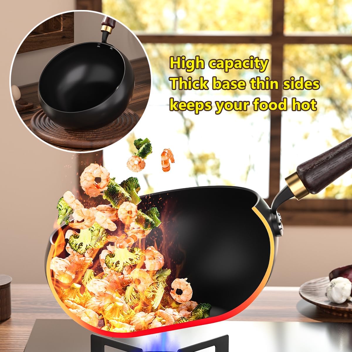 Carbon Steel Wok Pan, nitrided woks Uncoated Heats Evenly Multi-Purpose Frying Pan, Suitable for Any Stove, Oven or Even Camping Campfire with Lid and Wooden Handle