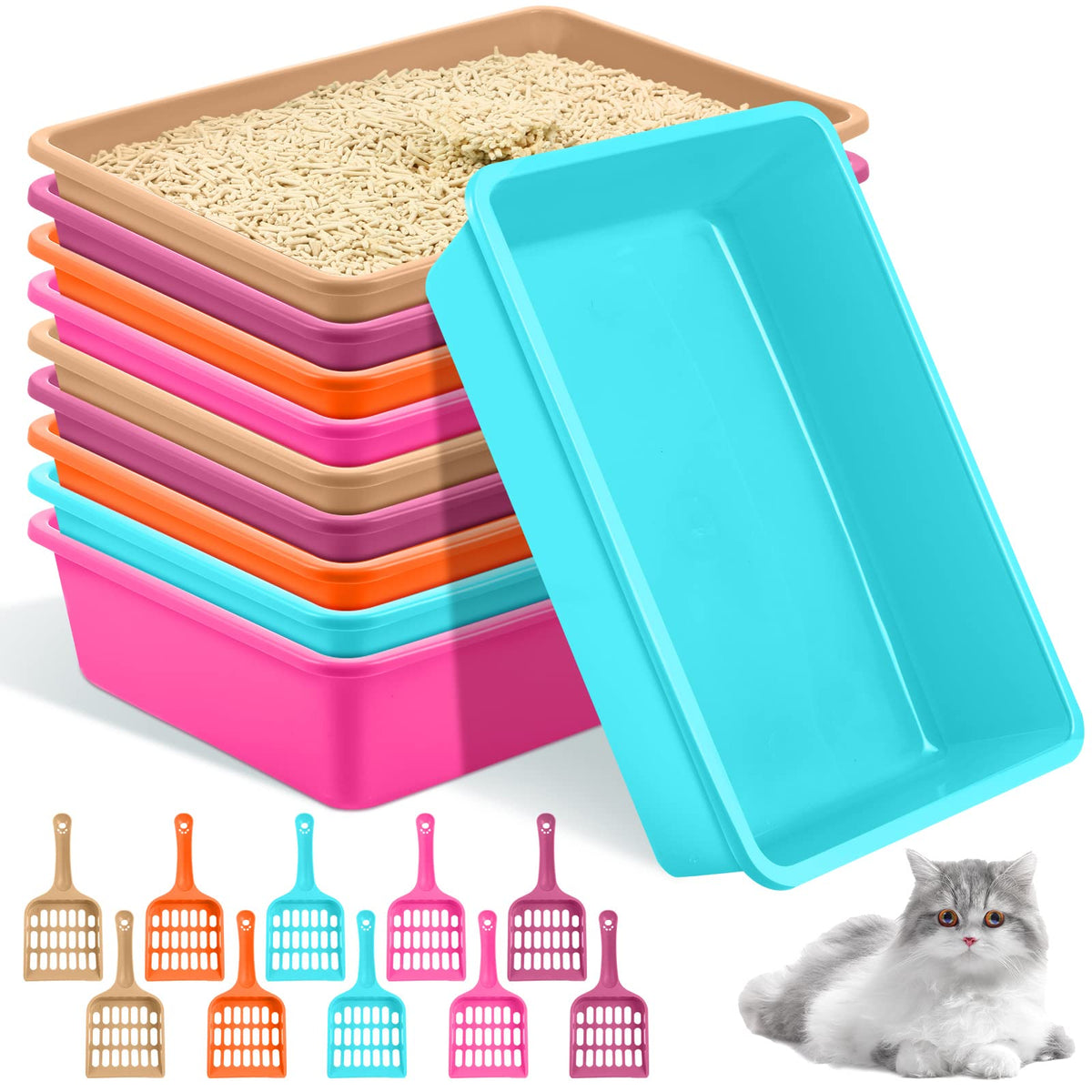 Amyhill 10Pcs Open Cat Litter Box with 10 Scooper