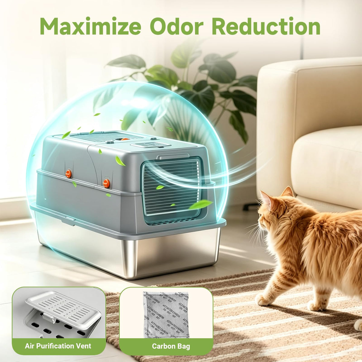 Enclosed Stainless Steel Litter Box, XL Covered MetalPan Includes Mat Scoop
