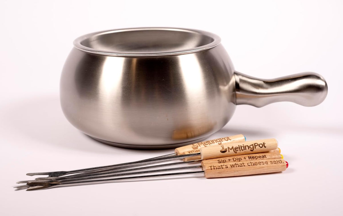 The Official Melting Pot 8-piece Fondue Set -2 Qt. Stainless Steel Pot with liner and 6 Fondue Forks for Cheese, Chocolate & Broth.
