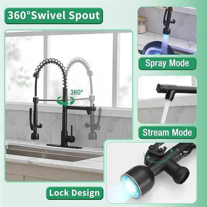 Fapully Commercial Kitchen Faucets with Pull Down Sprayer Matte Black LED Single Handle Faucet for Kitchen Sink, Kitchen Faucet with Soap Dispenser and Deck Plack for 4 Hole