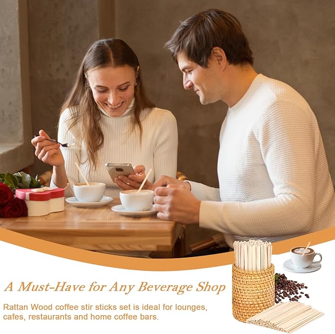 100 Pcs Wood Rattan Coffee Stirrers Holder Set Coffee Stir Sticks Wood Cocktail Stirrers Disposable Beverage Stirrer Sticks 5 Inch Stirring Sticks For Coffee Bar Home Counter Hot or Cold Drinks Tea