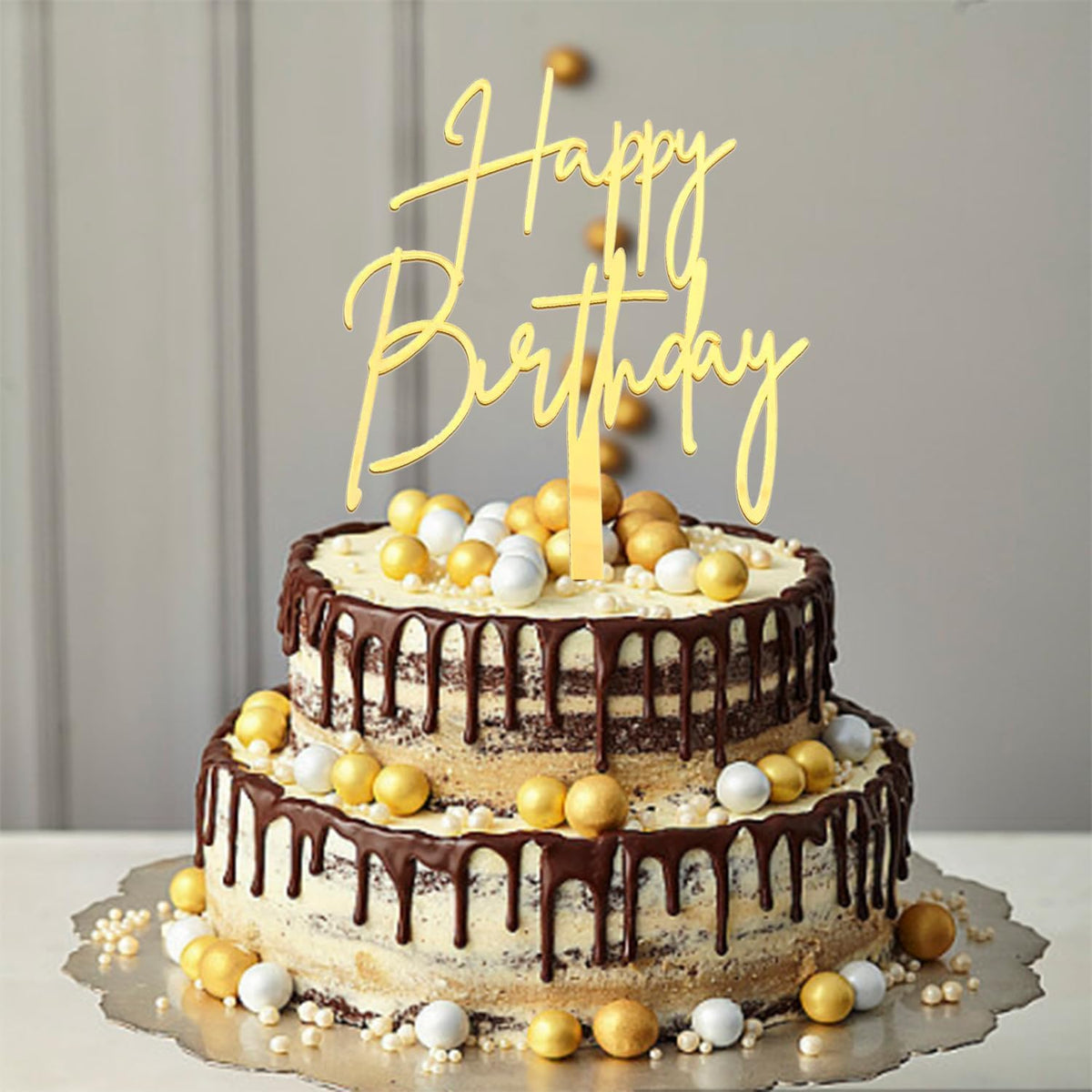 Happy Birthday Cake Topper, Gold Mirror Acrylic Happy Birthday Cake Sign Decorations