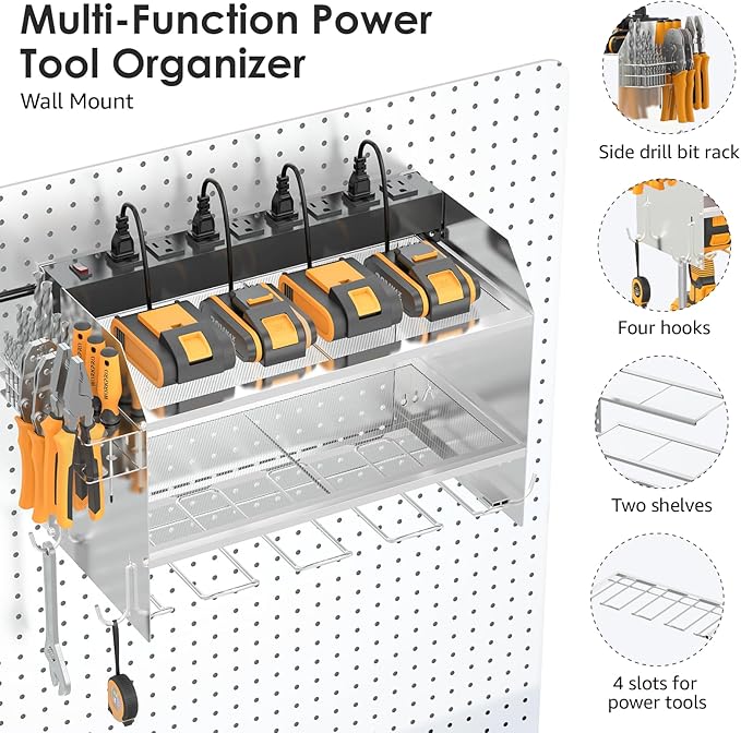 CCCEI Modular Power Tool Organizer Wall Mount with Charging Station. Garage Drill Storage Shelf with Hooks, Heavy Duty Rack, Tool Battery Holder Built in 8 Outlet. Gift for Men. Silver, 1 Pack.