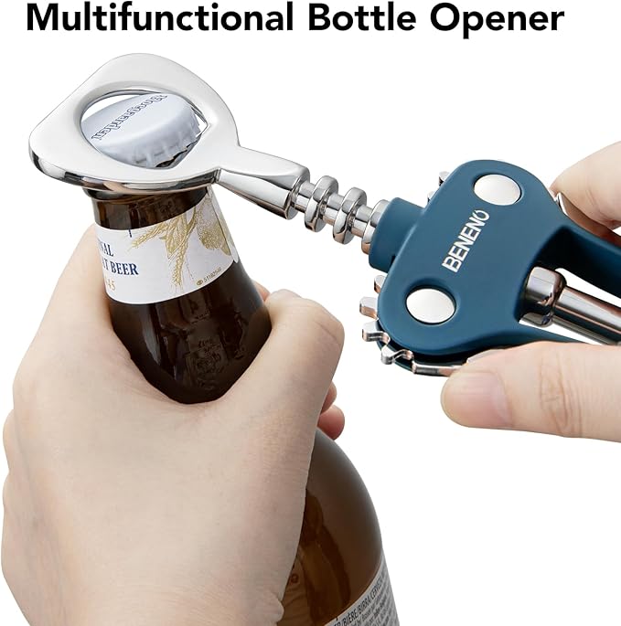 Beneno Wine Opener, Zinc Alloy Premium Wing Corkscrew with Multifunctional Bottles Opener, Sharp Wine Corkscrew with Ergonomic Non-Slip Wing Handle, Blue